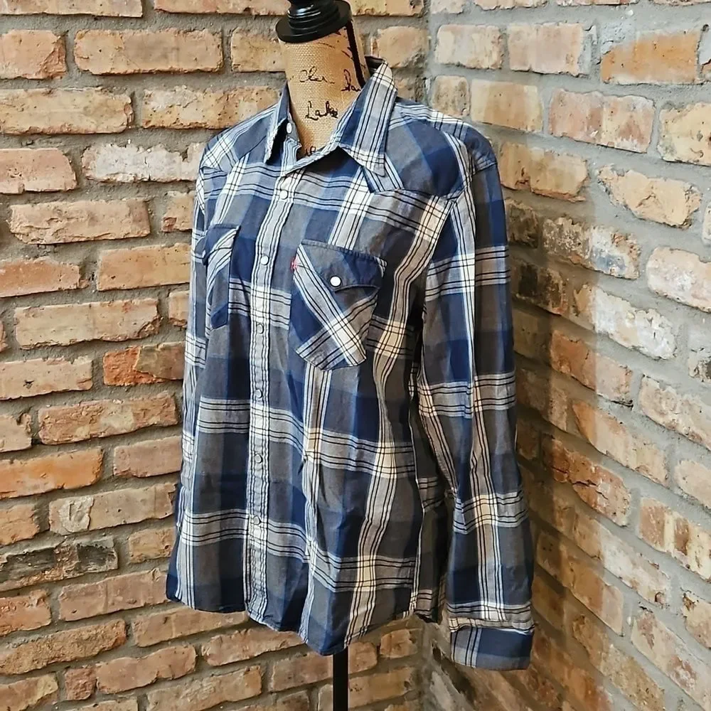 Levi's Men’s Blue Plaid Western Pearl Snap Shirt – Size Large
